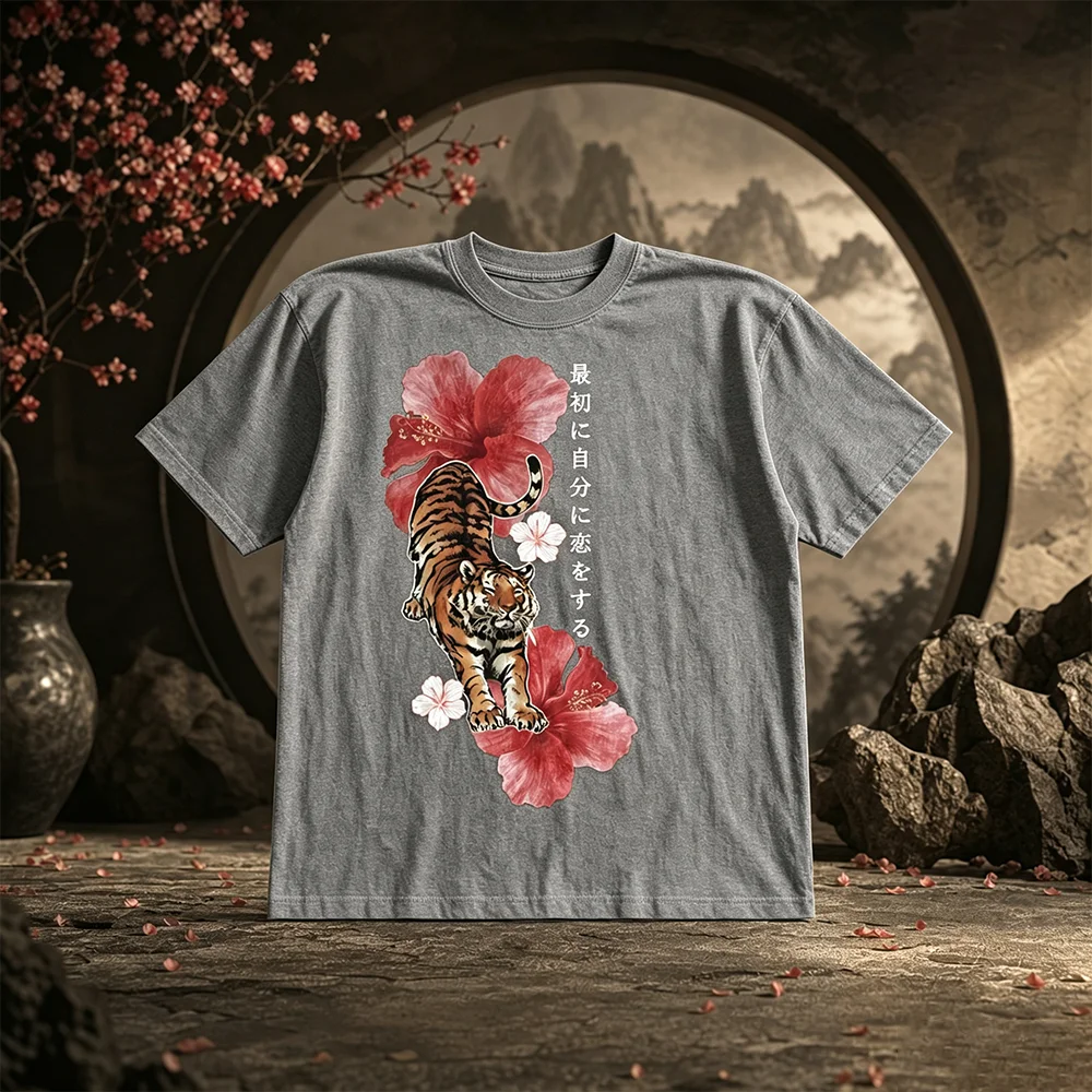 Unisex Y2K Retro Japanese Floral Tiger Print Breathable T-Shirt Loose Fit Comfortable Casual Parent-Child Daily Wear Top
