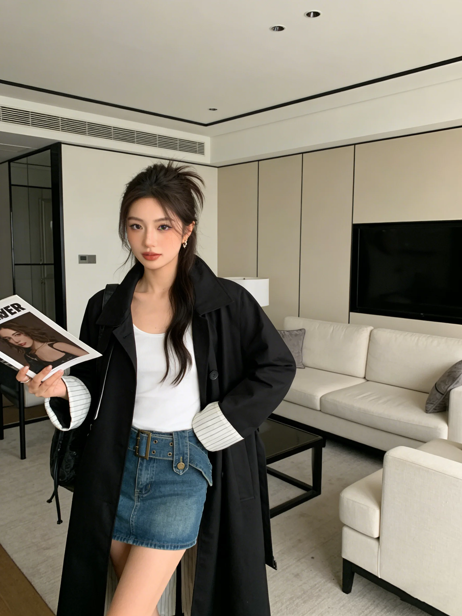 

Ele Briti Sle Women's Long Coat Bla Windbreaker Casual Faion Spring Autumn Outerwear Comfortable Loose Fit Coat