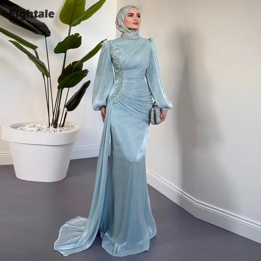 

Eightale Evening Dresses O-Neck Pleats Floor Length Customized Crepe Long Sleeves Beaded Prom Party Gown vestido de fiesta