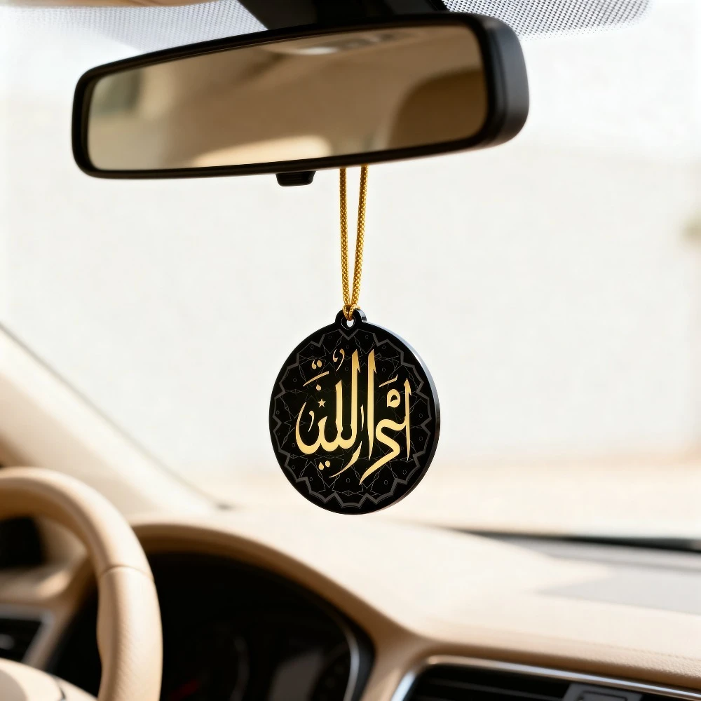 Islamic style car rearview mirror pendant, black circular acrylic pendant with gold Arabic calligraphy and patterns