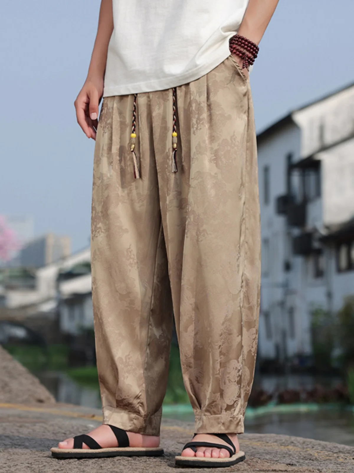 

Мужские летние тонкие брюки-фонарики свободного кроя с широкими штанинами, новинка, в китайском стиле, с национальным узором дракона, из ледяного шелка, повседневные, модные