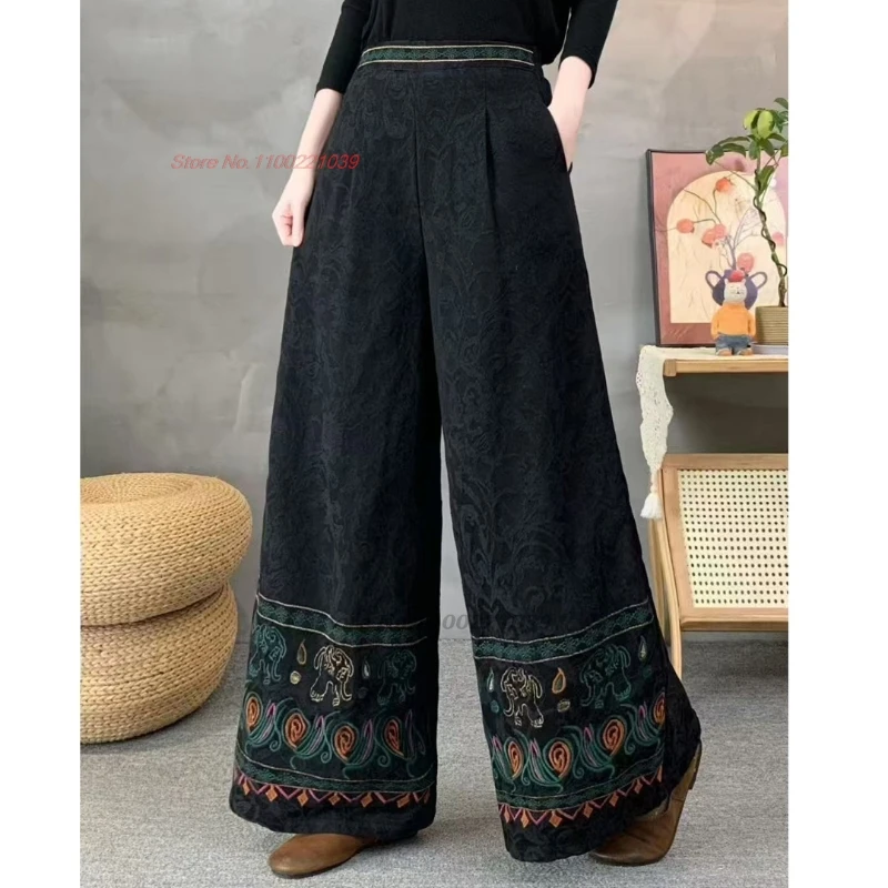 بنطلون صيني عتيق مبطن بالصوف لعام 2025 سروال شعبي مطرز بالزهور بخصر مطاطي من القطن والكتان جاكار بنطال واسع الساق #3