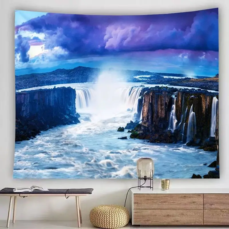 VIKAMA Basalt Canyon Waterfall Tapestry - Purple Cloudy Sky Multi-tier Cascading Wall