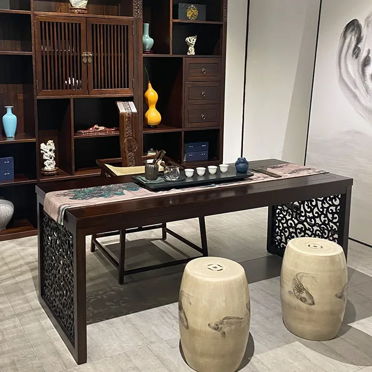 طاولة شاي صينية جديدة وكرسي مجموعة طاولة شاي من الخشب الصلب Zen، طاولة فنية بسيطة للشاي، جوز أسود منزلي