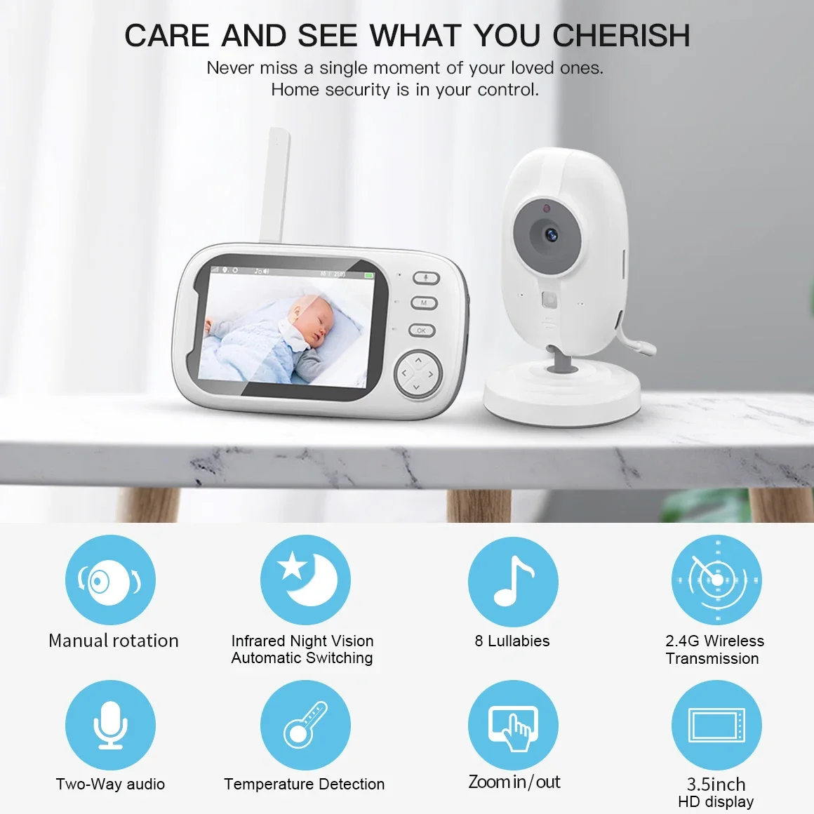 

3.5"HD Digital Baby Caregiver Child Safety Surveillance Camera Video Night Vision Music Room Temperature Detection Two-way Audio