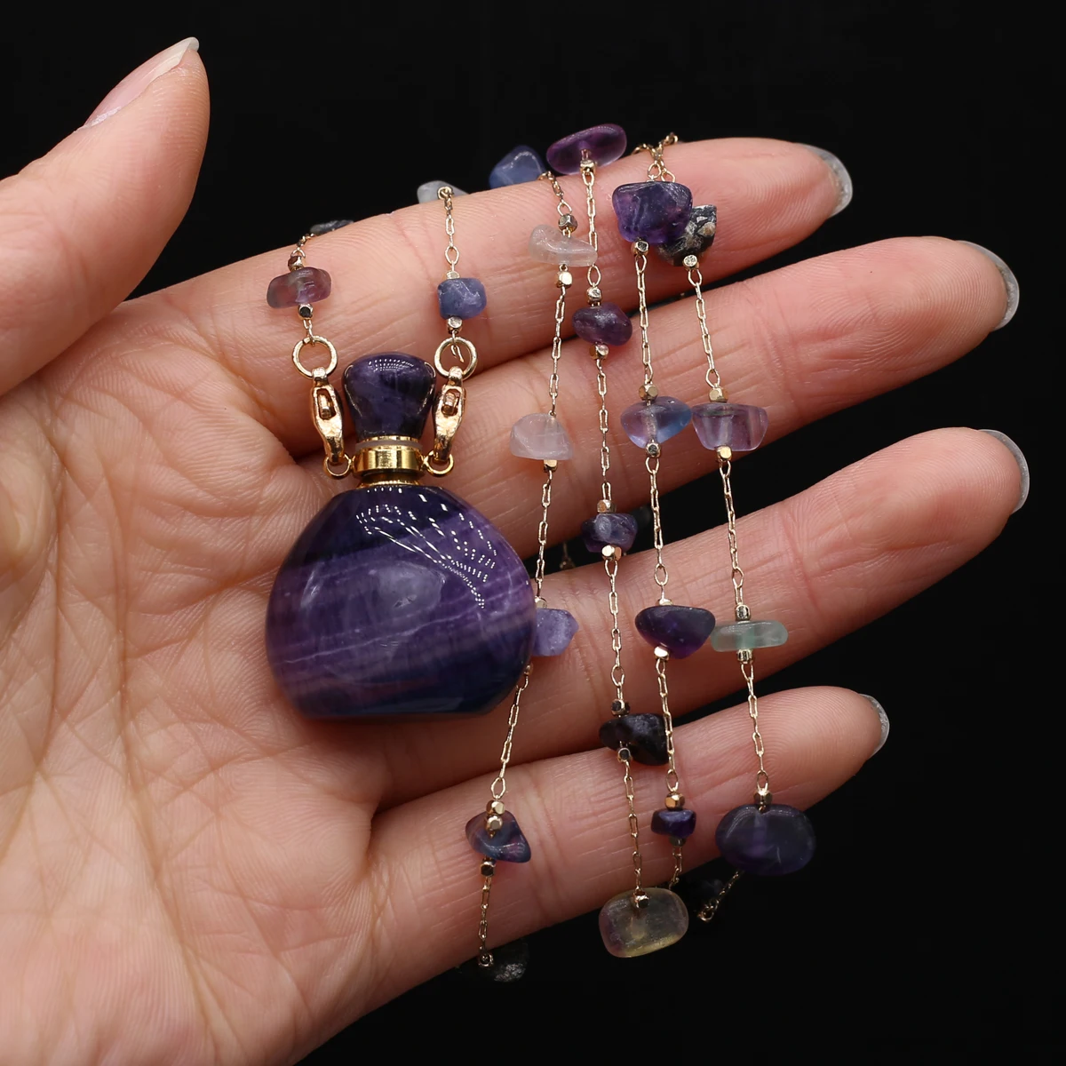 Natural Stone Amethyst Rose Quartz Perfume Bottle Pendant Charms Necklace Gravel Chain DIY Jewelry Material Necklace Accessories