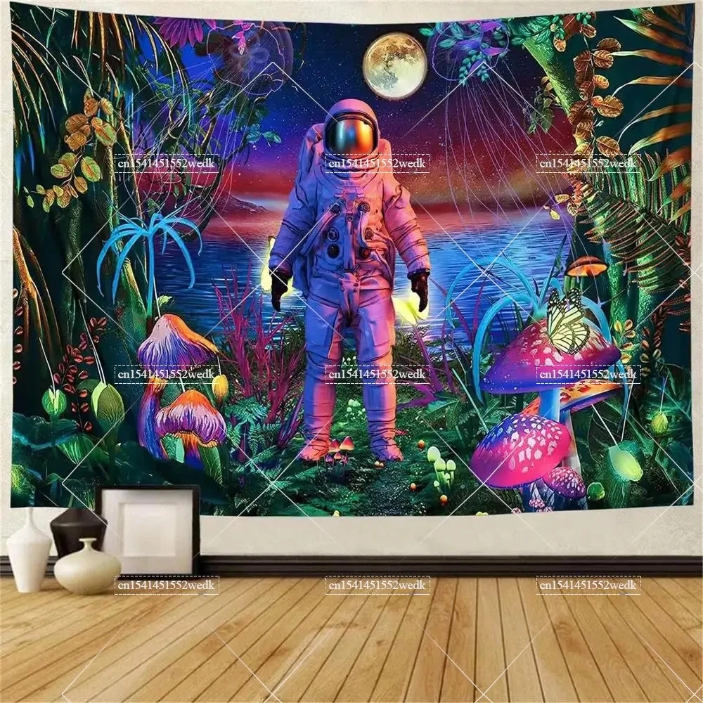 Blacklight Astronaut Tapestry Wall Hanging Space Galaxy Black Light Tapestry Neon Aesthetic Jellyfish UV Blacklight Tapestrys