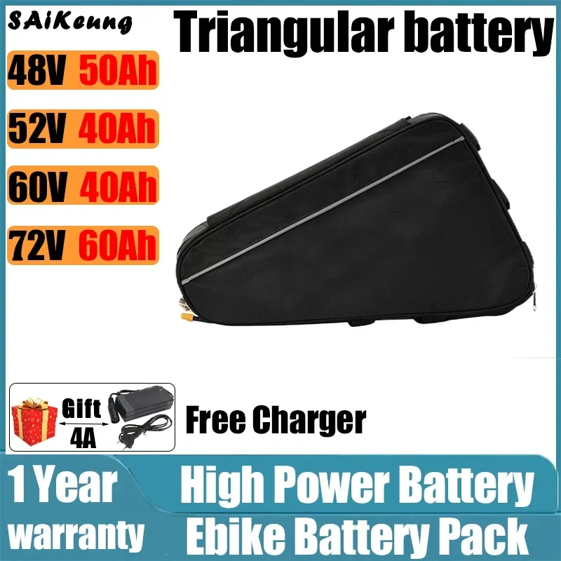 36v 48V Electric Bike Down Tube Battery 72V60V52V Triangle 30ah 35ah 40ah 50ah 60ah High Capacity 2000W 3000W High Power Battery