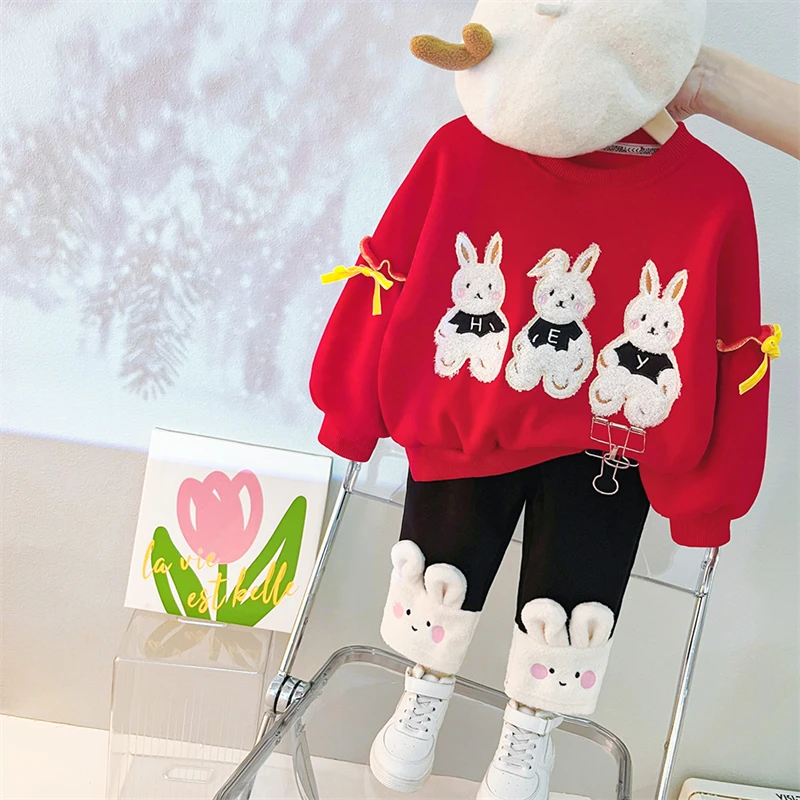 2022 Winter Baby Girls Plush Sweater Pants 2 Pieces Suit Children Clothing Sets Cartoon Kids Sportswear Infant Clothes Outfits