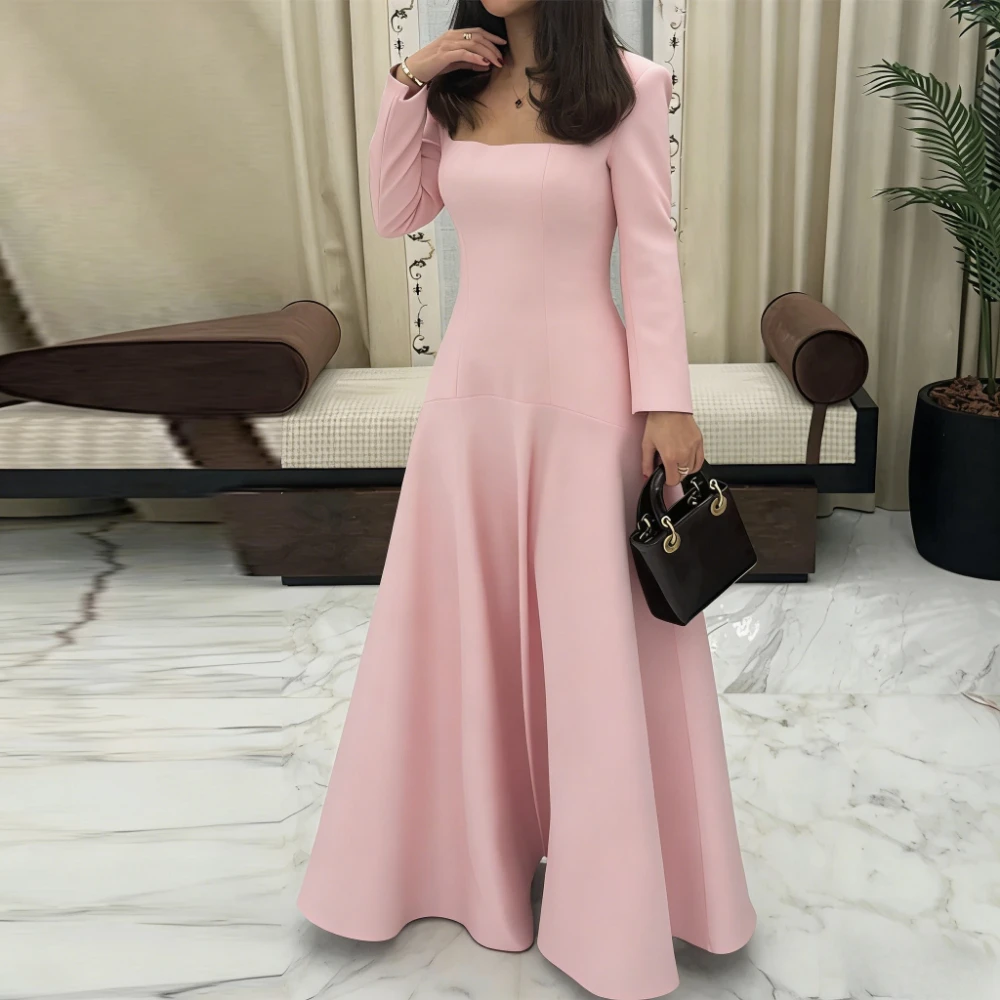 

Pink Splicing Evening Dresses Customized Square Neck Long Sleeves A Line Satin&Jersey Evening Gowns Ruched Celebrity Dress Long