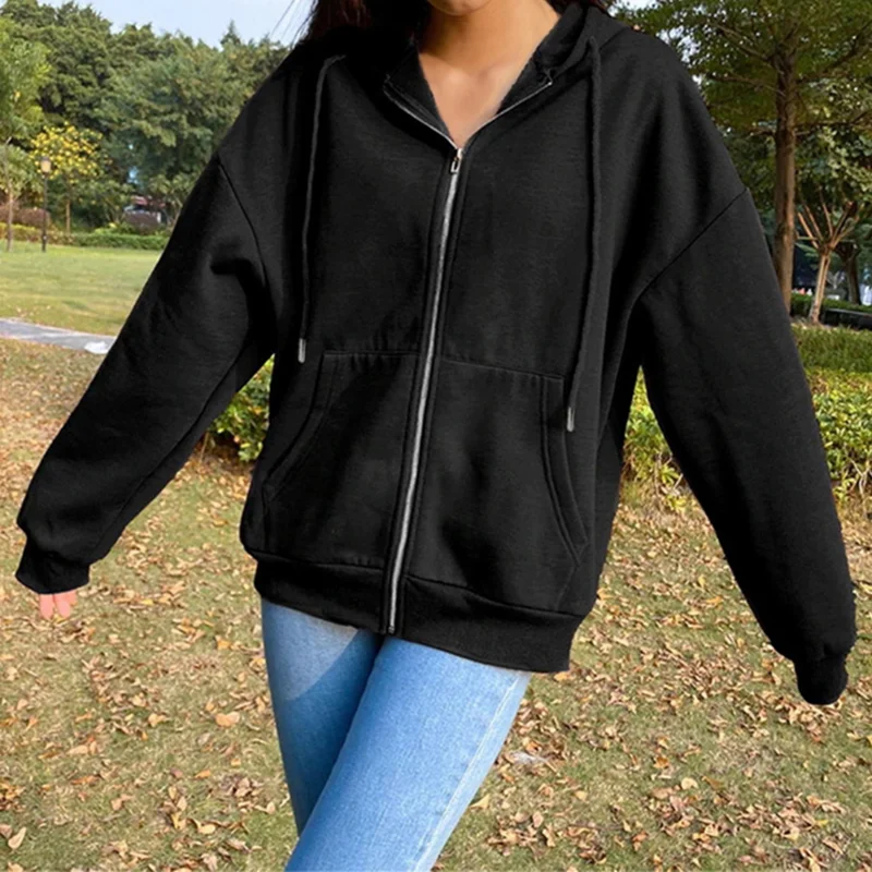 Autumn Fleece Hoodie Solid Color Hooded Korean Fashion Sweatshirts Long Sleeve Top Drawstring Pockets Loose Zipper Black Hoodies