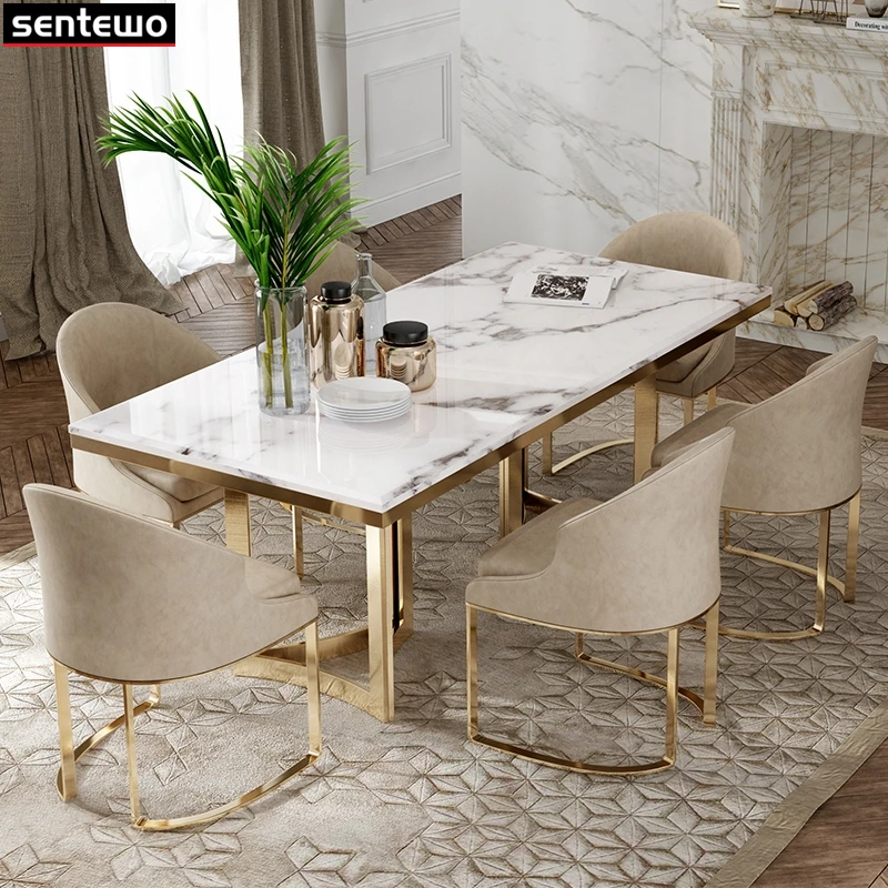 UB7011 Modern Luxury Marble Dining Tables Chairs Set Stainless Steel Gold Base Kitchen Dining Table Chair Chaises Salle Manger