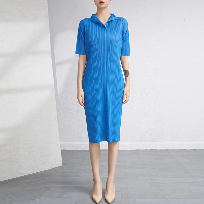 

Summer Dress For Women 45-75kg New Solid Color Fashion V Neck Short Sleeved Slim Stretch Miyake Pleated Knee Length