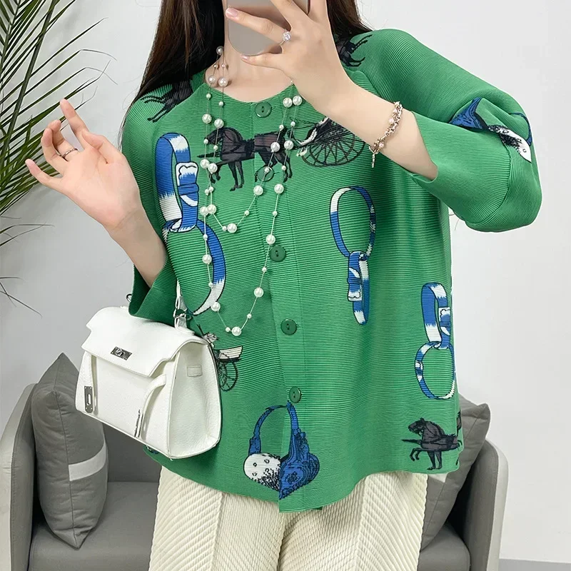 

ALSEY Pleated 2024 New Casual Printed Nine-quarter Sleeve Design Shirt Tops Loose Fashion Cardigan Women's Clothing