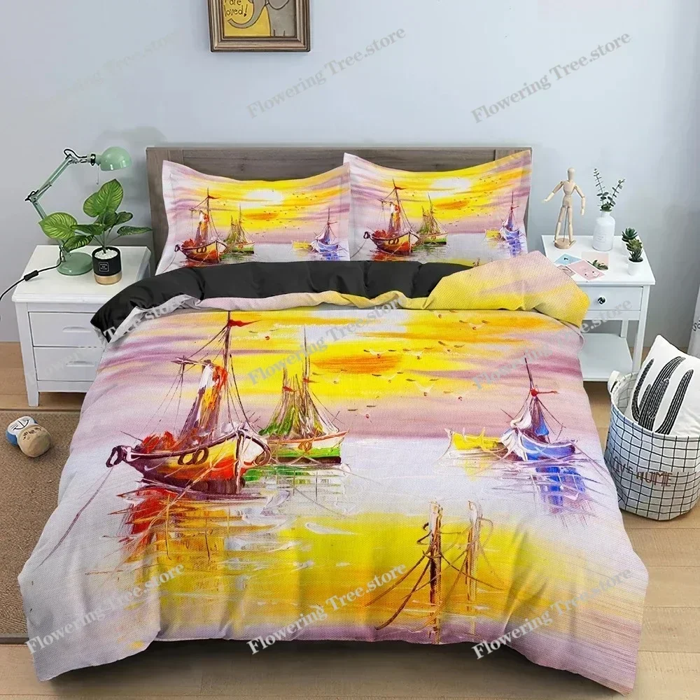 

Watercolor Sailboat Bedding Set Bedclothes King Queen Twin Duvet Cover Set With Pillowcase 3D Luxury Quilt Covers029