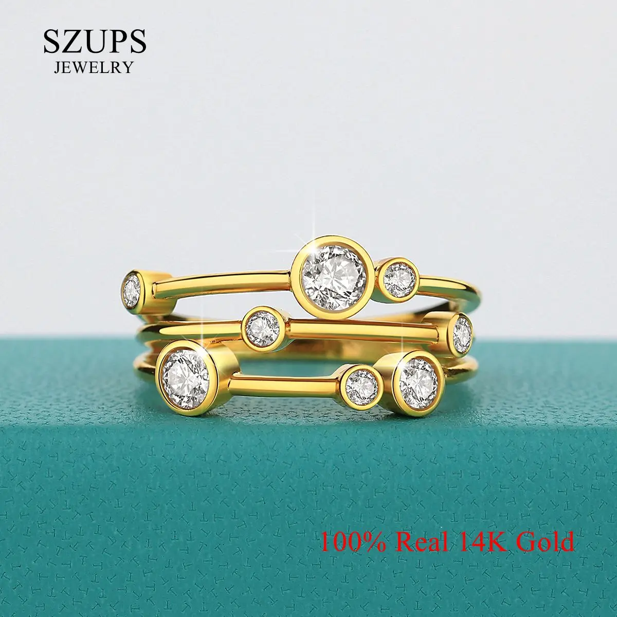 

Luxury 14k Gold Moissanite Rings 3 Row Design Women Finger Ring for Dance Party Daily Office Wearable Girl Gift Trendy Jewelry