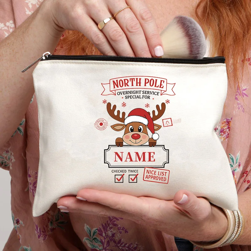 Personalized Christmas Makeup Bag North Pole Reindeer Canvas Zipper Pouch, Custom Name Xmas Cosmetic Storage Bag Holiday Gift
