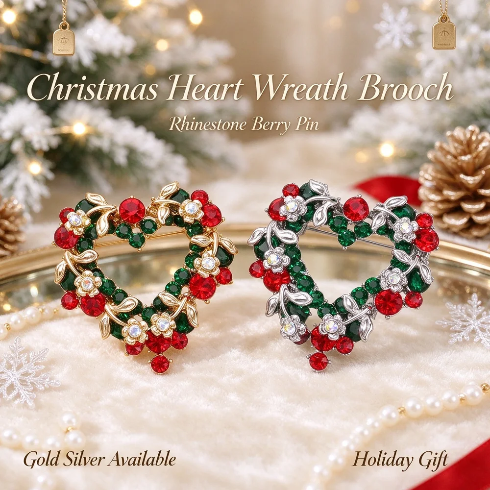 Rhinestone Heart Christmas Wreath Brooch Gold Silver Tone Red Berry Crystal Xmas Holly Pin Women Winter Wedding Party Brooch
