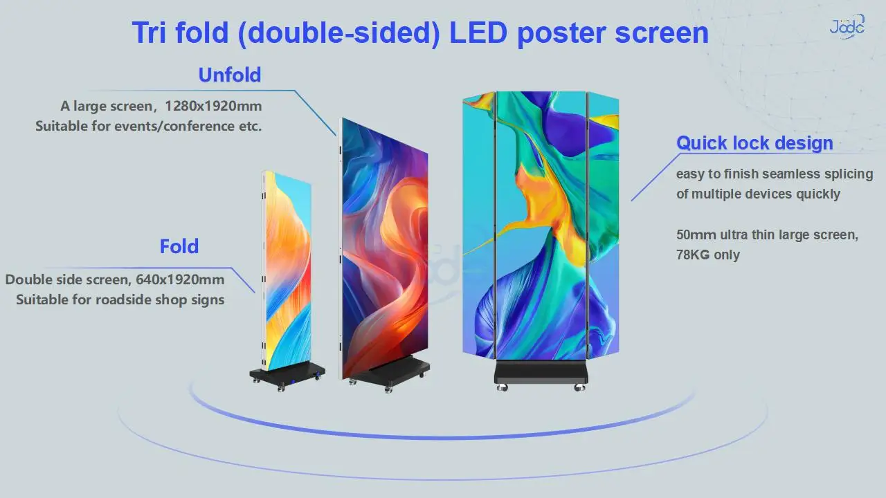 Publicidad interior móvil, triple pliegue, 3 lados/plegable, pancarta Led P2.5, pantalla de visualización de carteles LED Digital de alto brillo