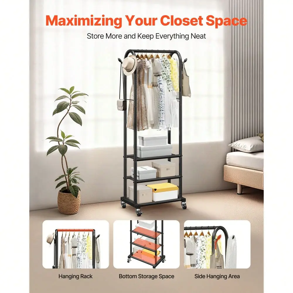 Rack, Rolling Clothing Garment Rack With Hanging Rod And Side Hooks, 3 Storage Shelves, 99 Lbs Load Capacity, Heavy Duty Carbon