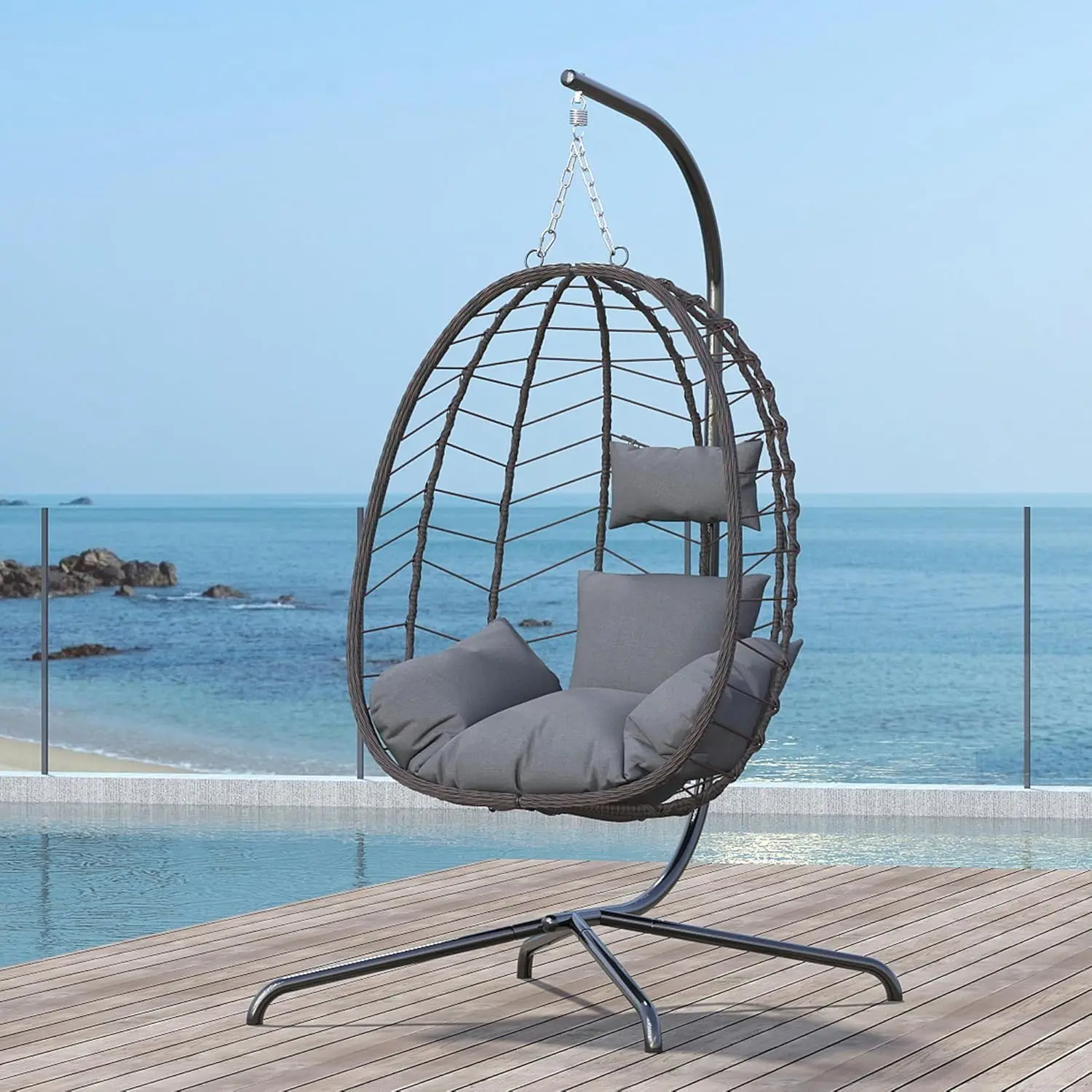 UV-Resistant Weatherproof Foldable Hanging Egg Chair Stand Indoor-Outdoor Wicker Rattan Swing Cushions Headrest Patio Gardenprom