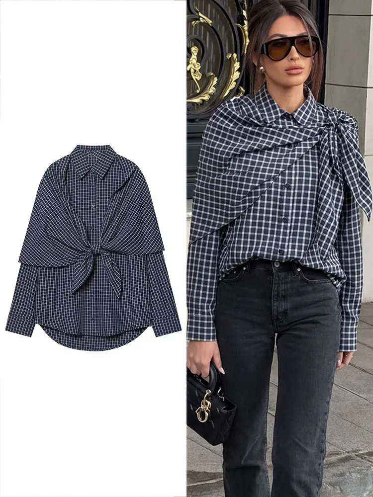 

Женская рубашка в клетку HH, винтажная блузка с шарфом, отложным воротником, на одной пуговице, с длинным рукавом, повседневная, для отпуска, пляжная