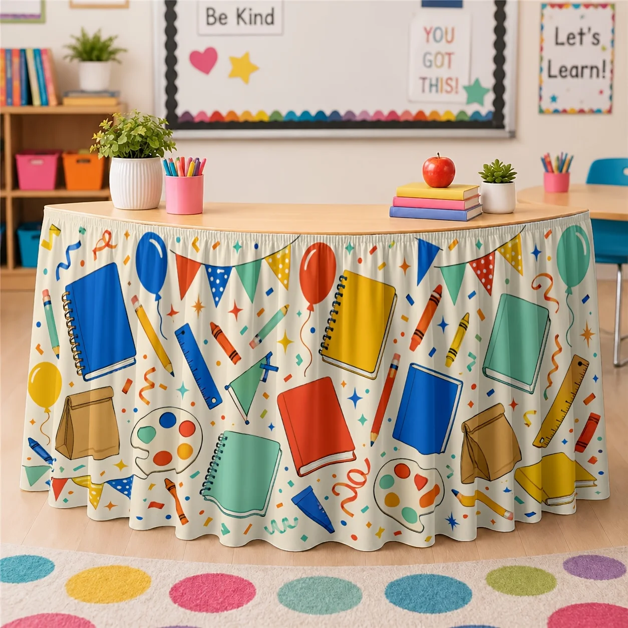The colorful learning supplies-themed party tablecloth and table skirt are perfect for the back-to-school celebration.zyc