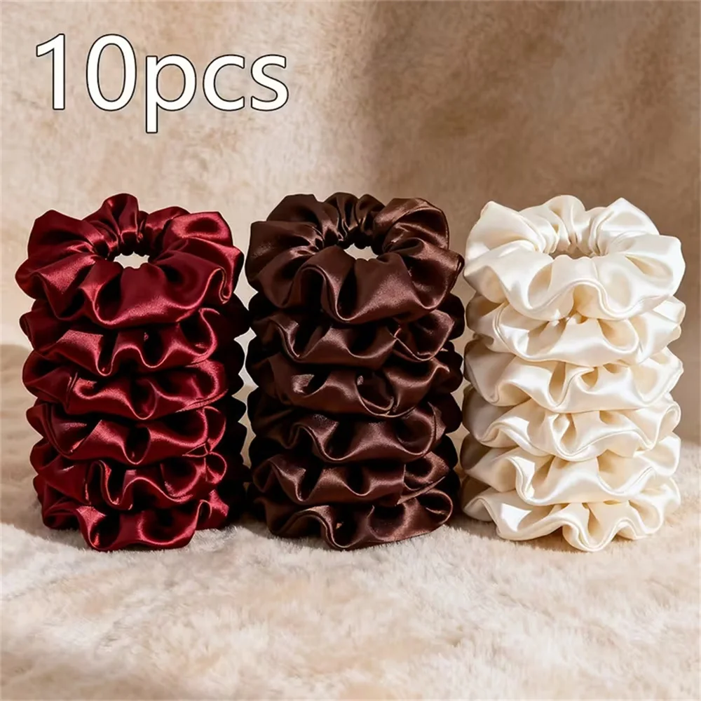 10 pièces/ensemble de chouchous en satin de couleur unie pour femmes et - Élastiques à cheveux doux en satin en bordeaux, accessoires de cheveux pour tous les jours