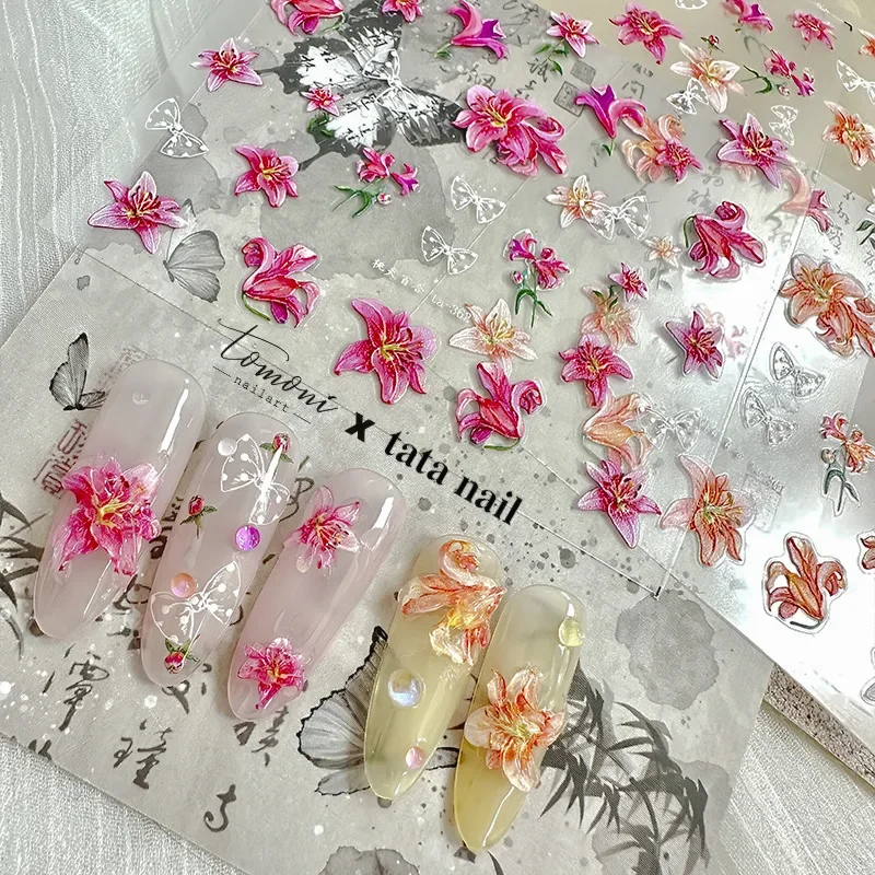 Verse Gelei Wit Roze Lelie Bloem Chic Steentjes Parel Laser Reliëfs Zelfklevende Nail Art Sticker Manicure Sticker