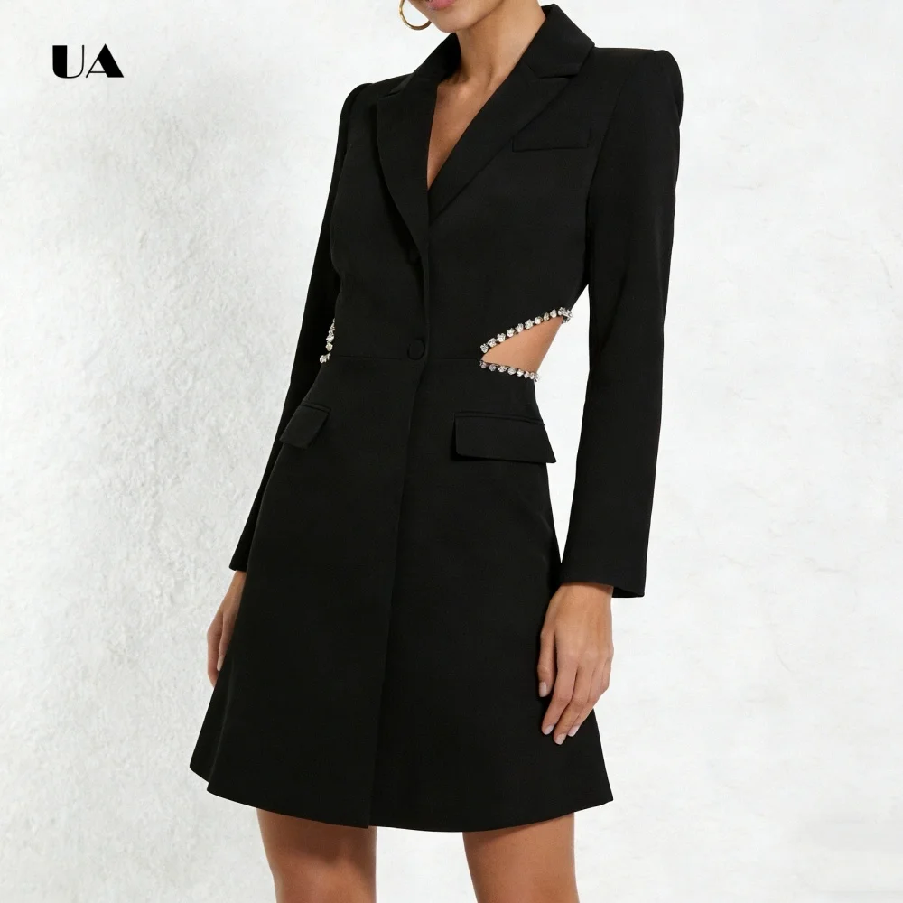 ULBYANRY Sukienka mini typu fit-and-flare z ozdobami z dżetów, jednolita, z kołnierzykiem, dekoltem w serek, sukienka wieczorowa dla kobiet, z wycięciami, szyta na miarę suknia na przyjęcie