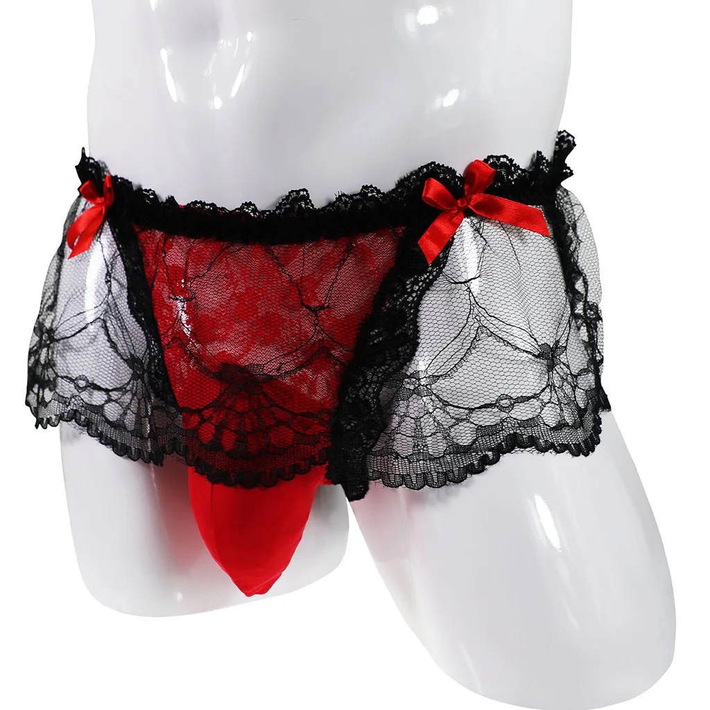 High Waist Sissy Gay Thong G-string Sexy Men Underwear Panties With Transparent  Lace Skirt 1188