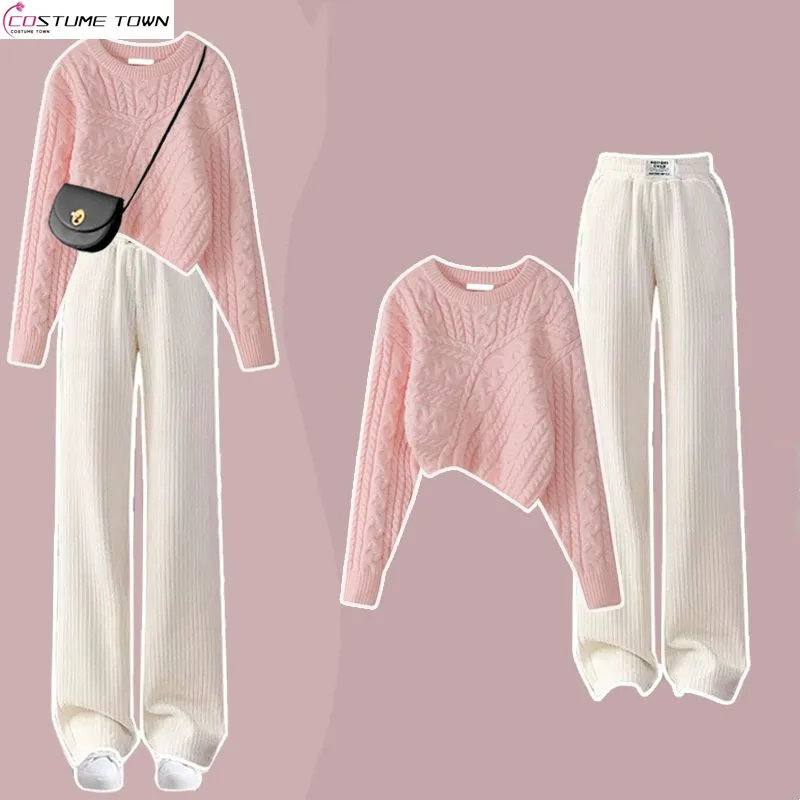 2024 Autumn/Winter Women\'s Set New Gentle Style Knitted Sweater+Slim Wide Leg Pants Two Piece Set