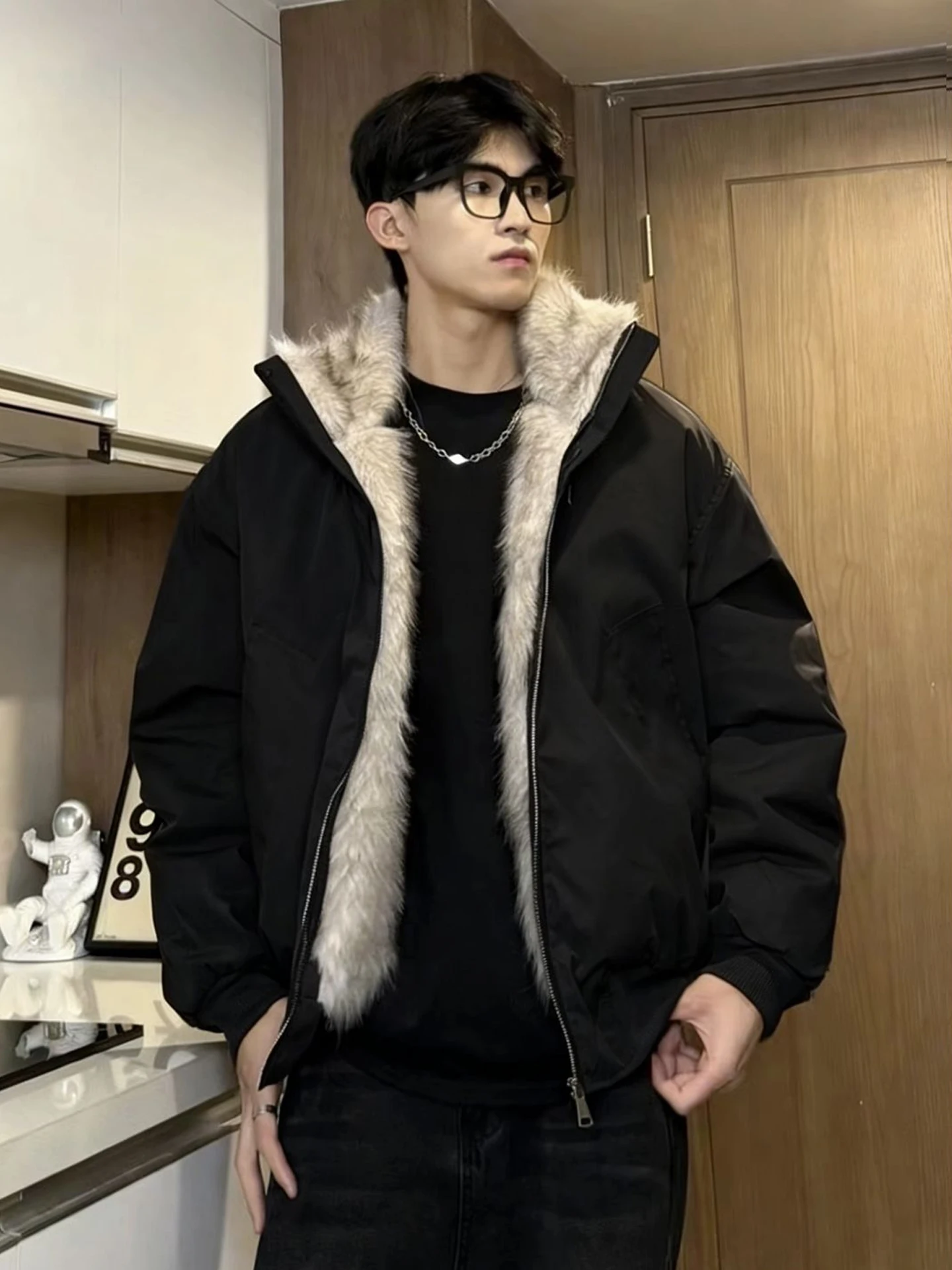 Men's Black Fur Collar down Jacket Winter Thickened Stand Collar Workwear Cotton Coat American Retro Short Cotton Suit