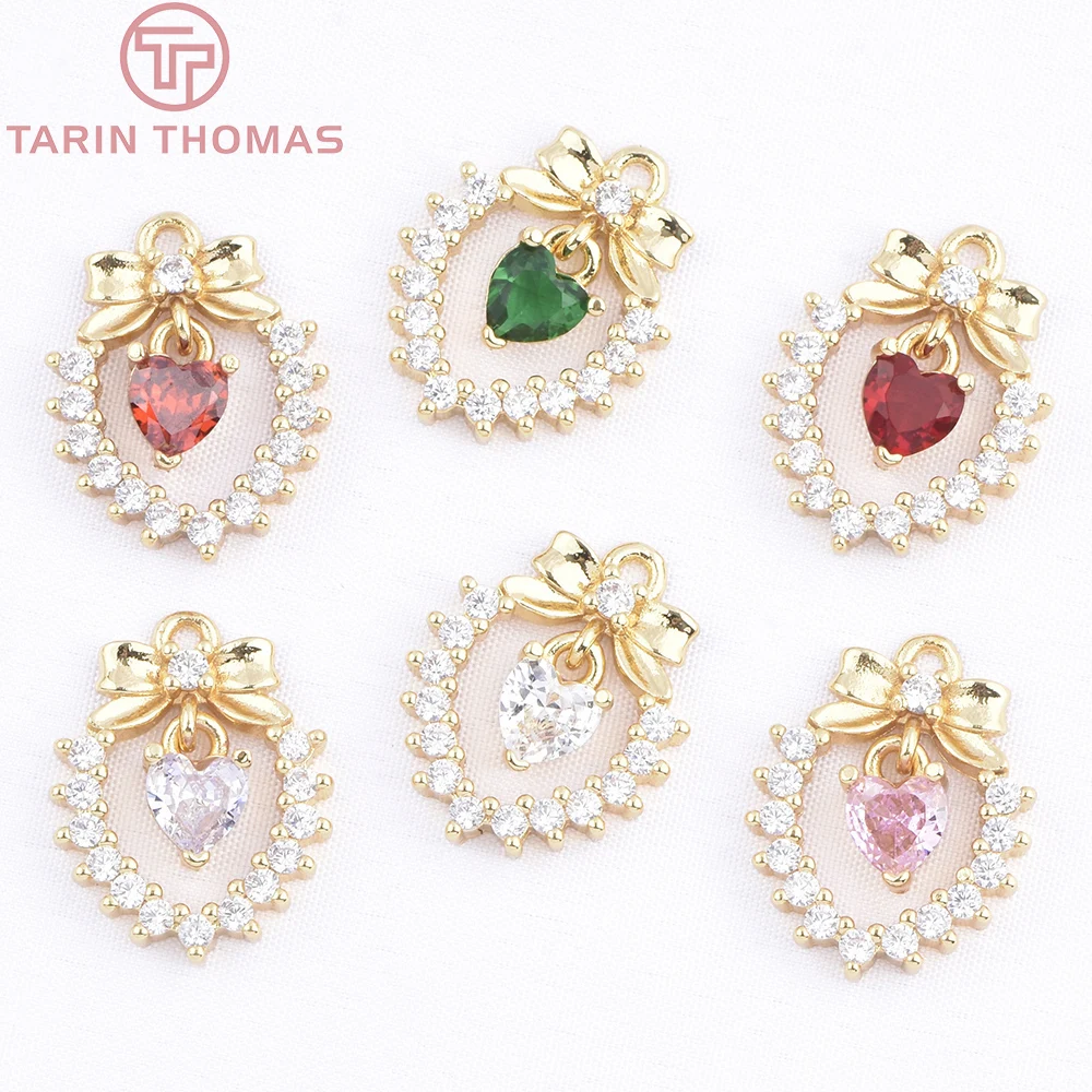 (10107) 6PCS 14x18MM 18K Gold Color Brass with Zircon Bowknot Hearts Shaped Pendants High Quality DIY Jewelry Making Findings