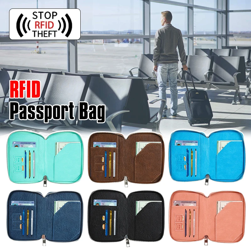 RFID Passport Bag Multifunctional Anti-Theft Brush Travel Documents  Pouch Leather Passport Wallet Zipper Passport Holder