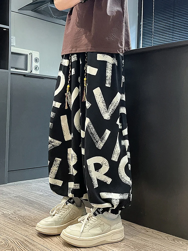 

Мужские летние тонкие пляжные брюки из ледяного шелка, широкие брюки-фонарики, прямые повседневные брюки Harlan, вельветовые длинные брюки с талией