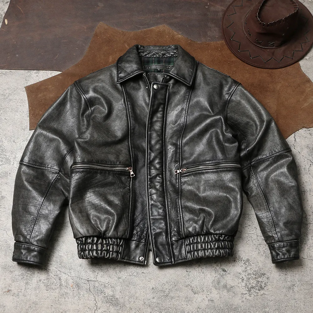 Unisex Vintage Distressed Genuine Leather Jacket, High Waist Wide HK Dad Fit Light Hard Buffalo Leather Movable Shoulder Coat