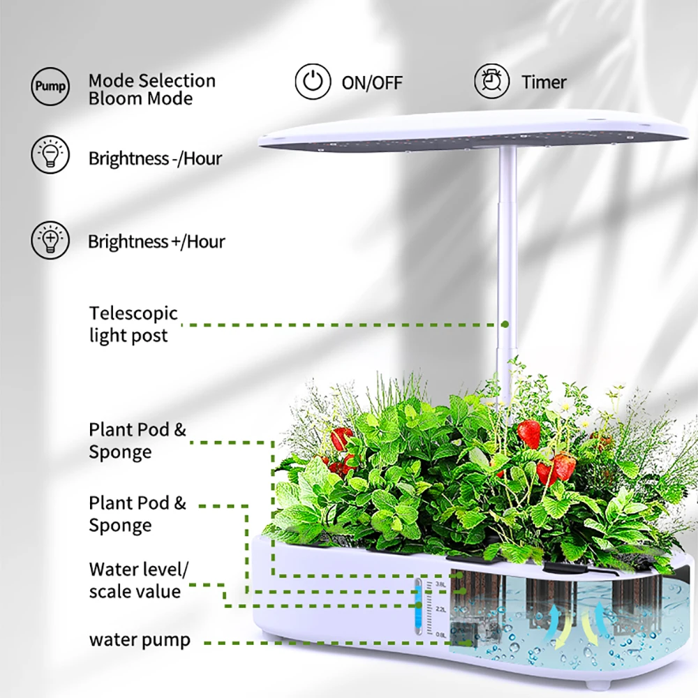 Hidroponia interior crescente sistema, cultivo hidropônico, Growbox automático, altura ajustável para cima, planta crescer luzes, 12 pods