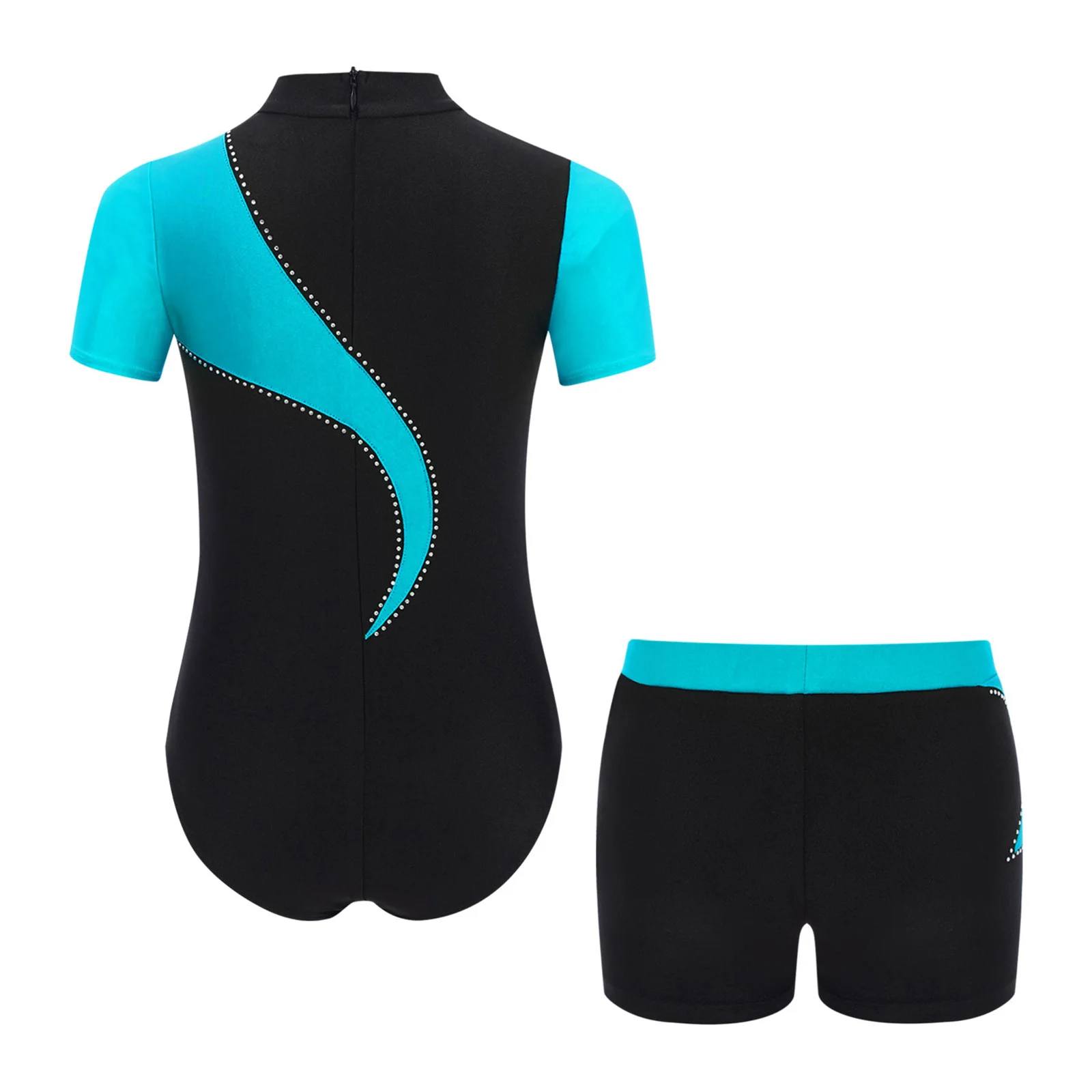 2Pcs/Set Kids Boys Gymnastics Outfits Short Sleeve Color Block Patchwork Leotard with Shorts for Stage Performance Competition
