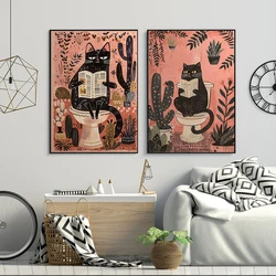 Funny Black Cat On The Toilet Reading Poster Animal Bath Prints Canvas Painting Wall Art Pictures for Toilet WC Bathroom Decor