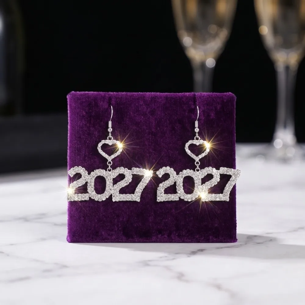 Elegant 2027 Digital Earrings Hollowed-out Fashion Long Drop Happy New Year Earrings Heart-Shaped Rhinestone
