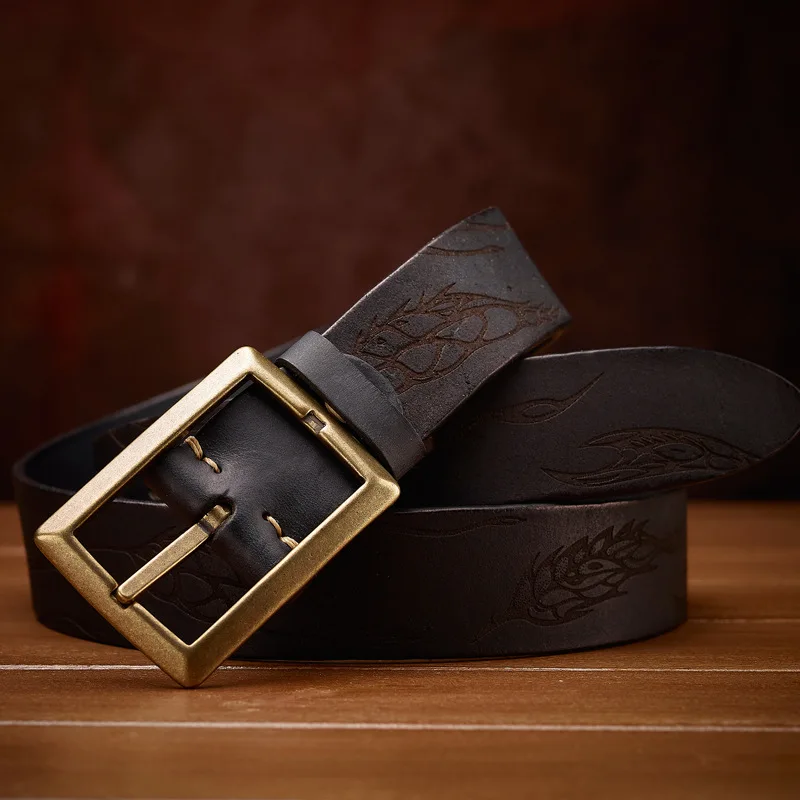 Double-sided top layer cowhide men's business belt oil edge retro simple versatile cowhide belt copper pin buckle embossed belt