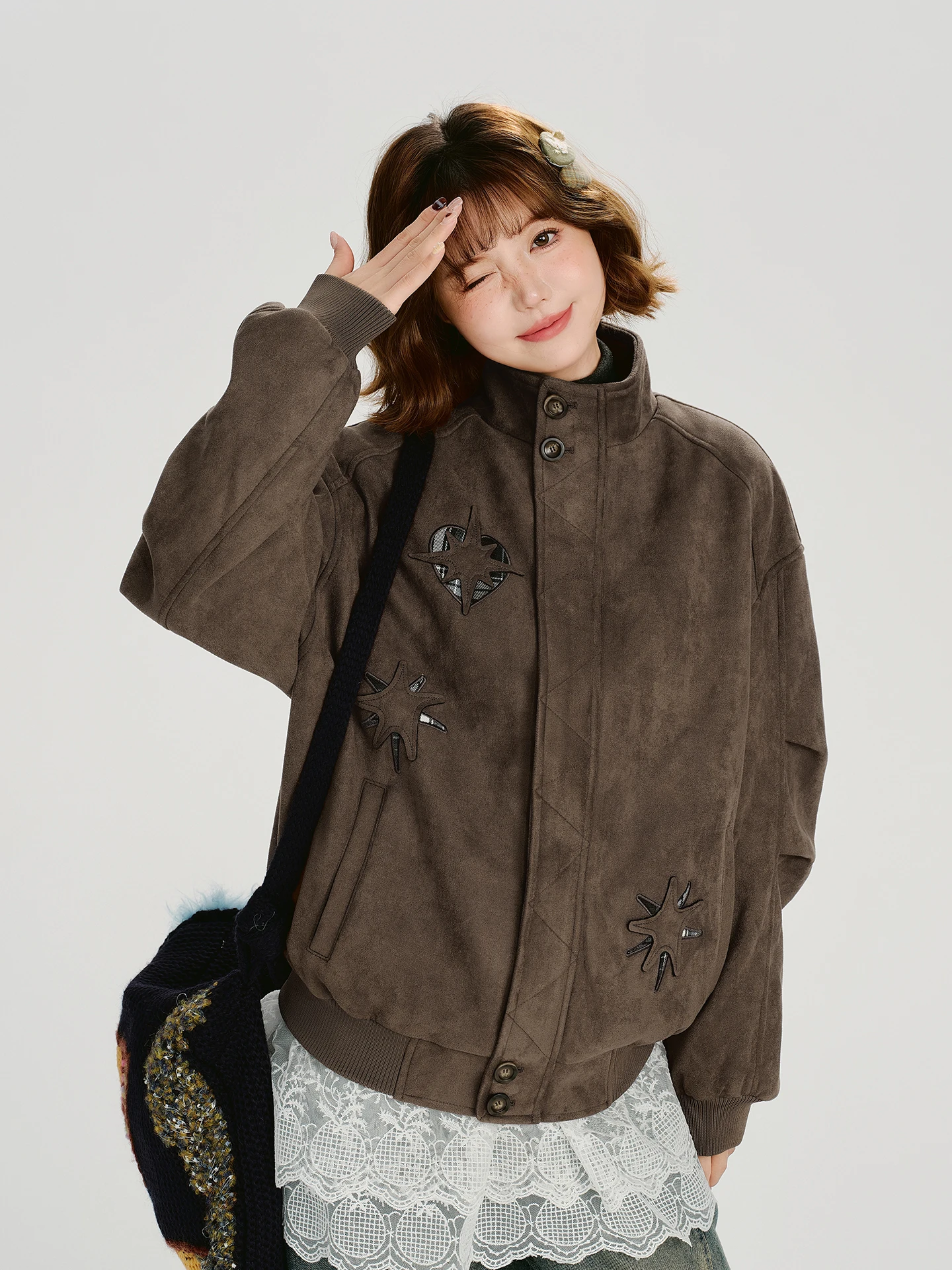 

Girly American Retro Stand Collar Embroidered Jaet Women's Winter New Warm Design Loose Top Casual Sle Long Sve