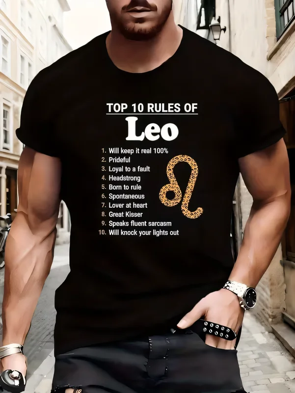 Camiseta negra con estampado del zodiaco Leo para hombre, ropa de calle, estilo urbano, camisetas de algodón de verano, Top 10 características, camiseta con estampado de moda