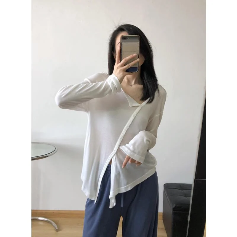 เสื้อยืดแขนยาวผู้หญิงผ้าฝ้ายงานเย็บปะติดปะต่อกันเสื้อทรงหลวมน้ำหนักเบาฤดูใบไม้ร่วงธุรกิจเรียบง่ายหรูหราสไตล์ประจำวันที่เรียบง่าย