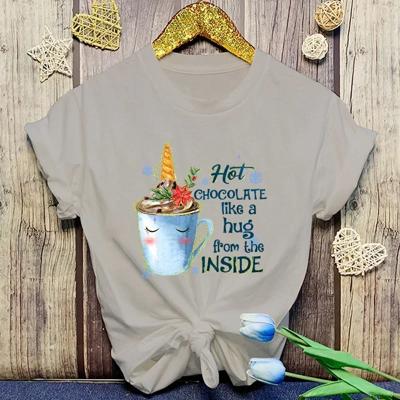 2024   New Unicorn Hot Chocolate Like A Hug From The Inside Print T-Shirts Women Summer Cool Short Sleeve Female Casual T-Shi