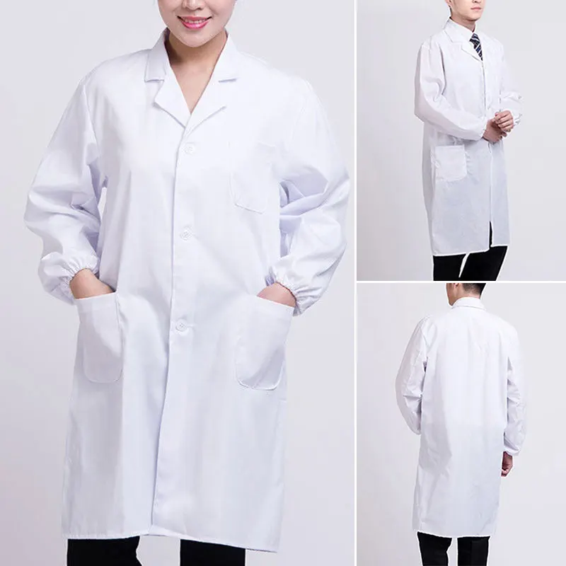 1 pz Unisex manica lunga camice da laboratorio bianco colletto con risvolto dentellato abbottonato medico infermiere uniforme tunica camicetta