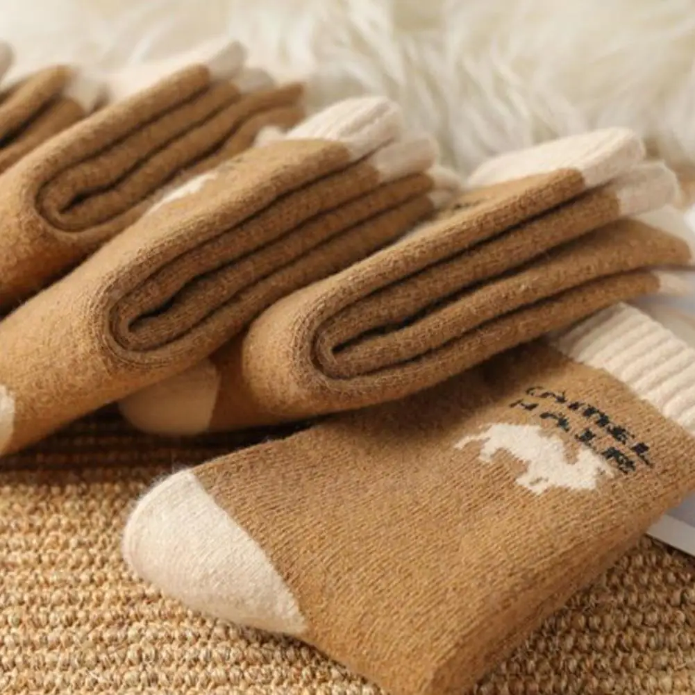 5 Pairs Mid Length Cotton Socks Breathable Camel Hair Unisex Autumn Winter Extra Thick Loops Warm Solid Color Sports Casual Sock