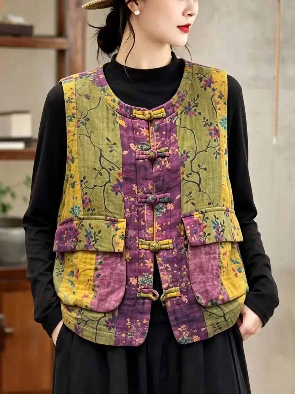 Authentic 2026 Chinese Style Floral Print round Neck Open Cardigan Vest Loose Fit Fashionable Women's Outerwear Polyester Fiber
