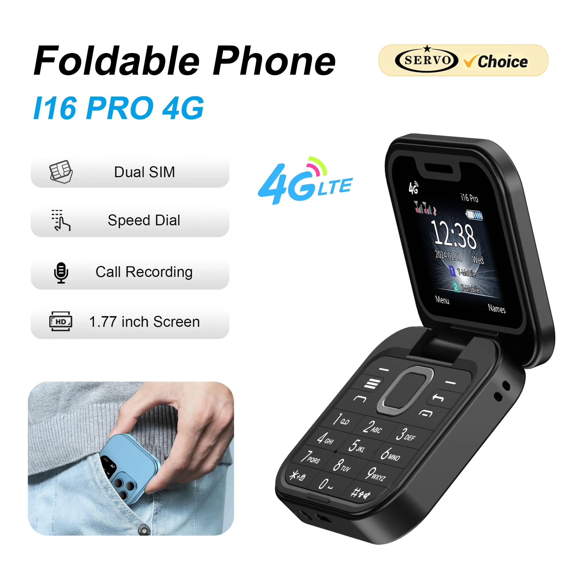 SERVO I16Pro 4G Mini Foldable Feature Cellphone Dual SIM Standby Call Recording Speed Dial FM Radio Blacklist Mobile Phone Torch
